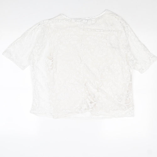 Simon Jefferey Womens White Floral Polyester Basic T-Shirt Size M Round Neck - Size M-L