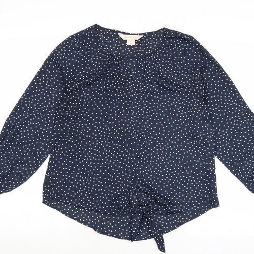 Mauvette Womens Blue Polka Dot Polyester Basic Blouse Size 8 Round Neck