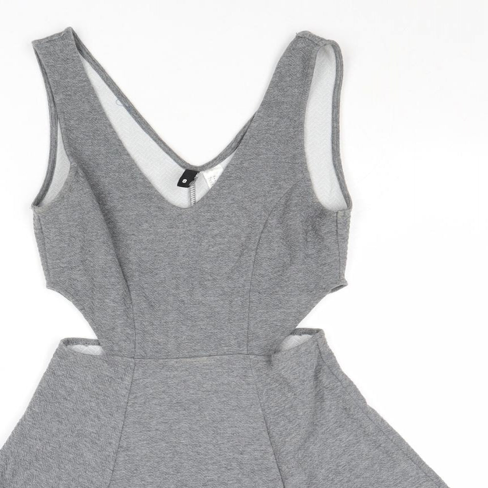 Divided by H&M Womens Grey Polyester Skater Dress Size 8 V-Neck Pullover