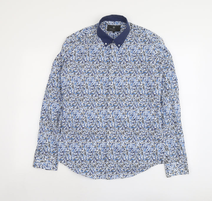Marks and Spencer Mens Blue Geometric Cotton Button-Up Size S Collared Button