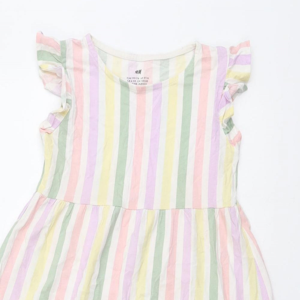 H&M Girls Multicoloured Striped Cotton A-Line Size 4-5 Years Boat Neck Pullover