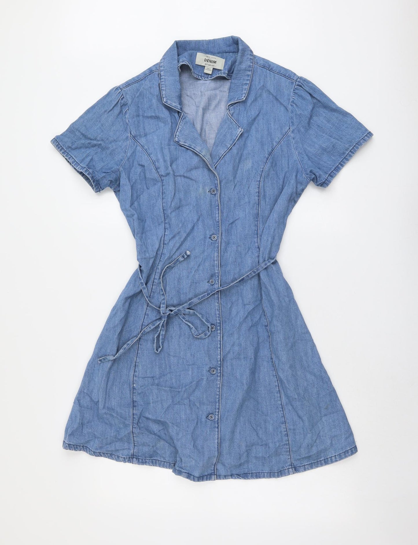 New Look Womens Blue Cotton Shirt Dress Size 12 Collared Button