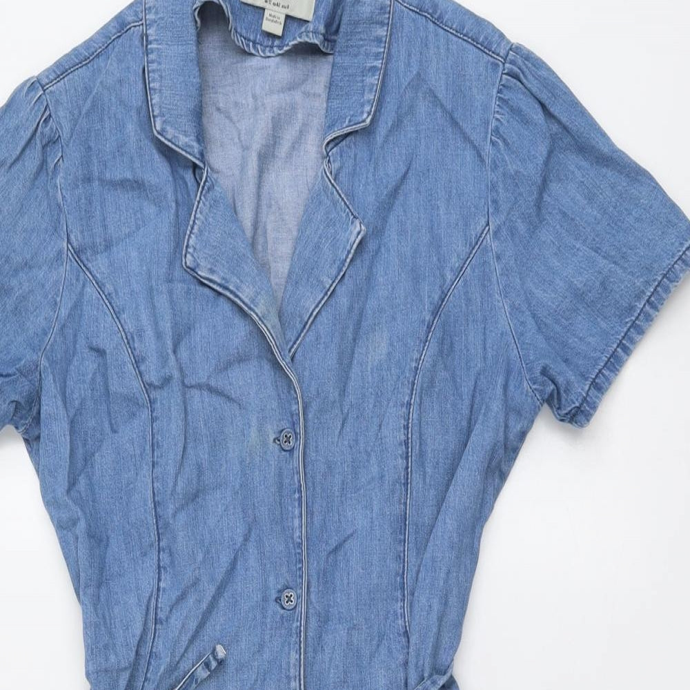 New Look Womens Blue Cotton Shirt Dress Size 12 Collared Button