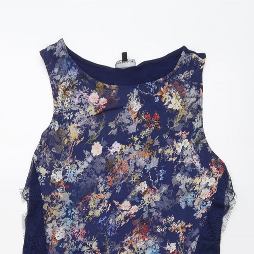 Warehouse Womens Blue Geometric Viscose Basic Tank Size 14 Round Neck