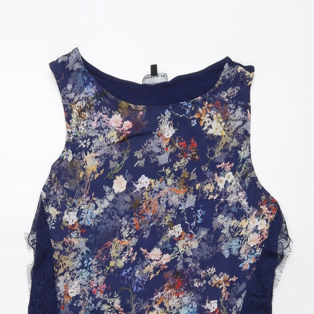 Warehouse Womens Blue Geometric Viscose Basic Tank Size 14 Round Neck