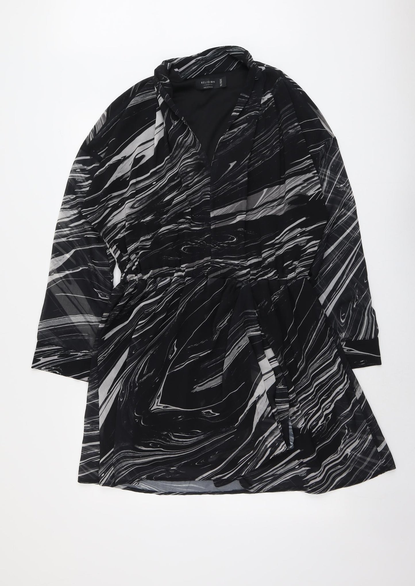 Religion Womens Black Geometric Polyester Skater Dress Size XL V-Neck Pullover
