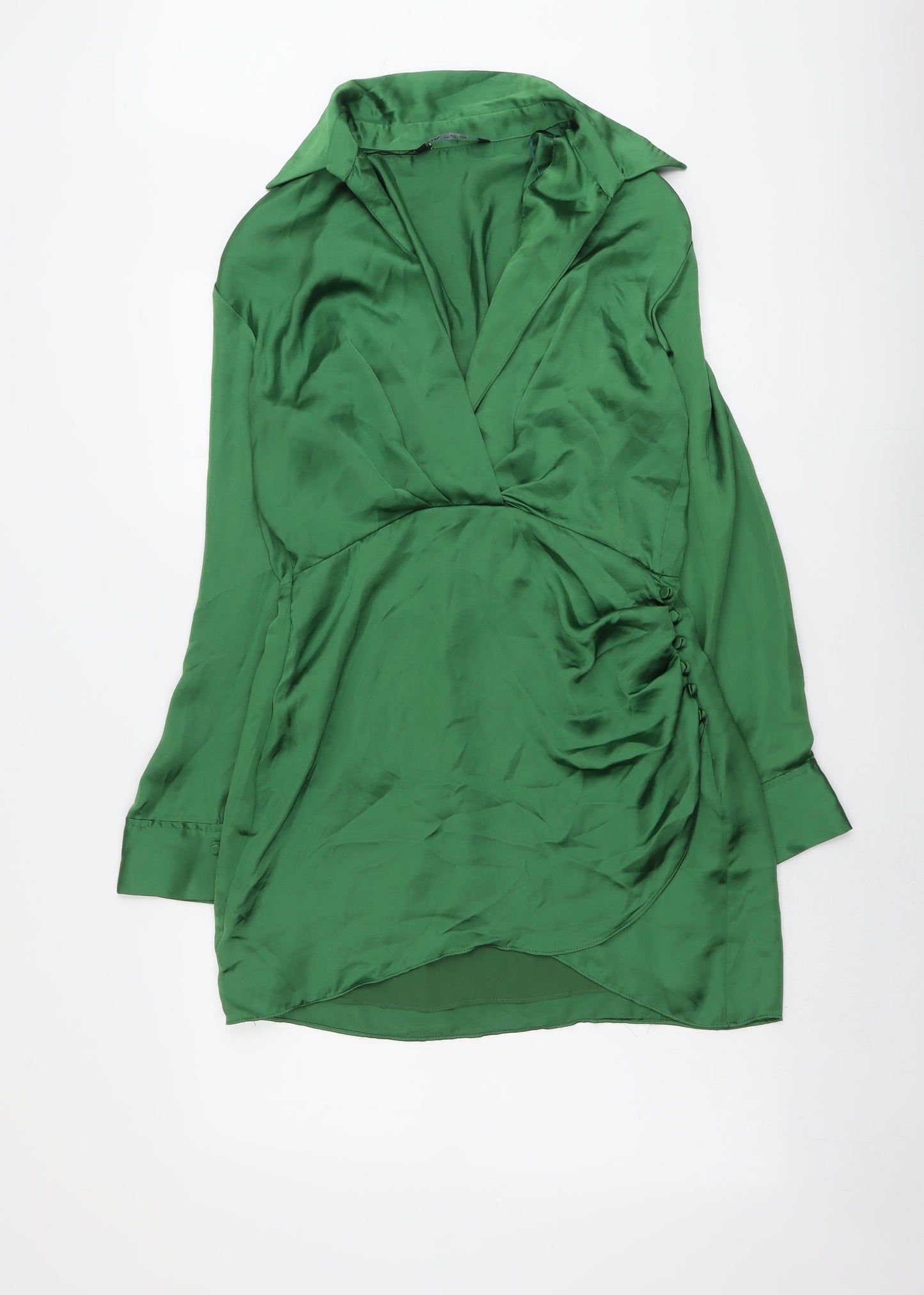 Zara Womens Green Polyester Shirt Dress Size L Collared Zip
