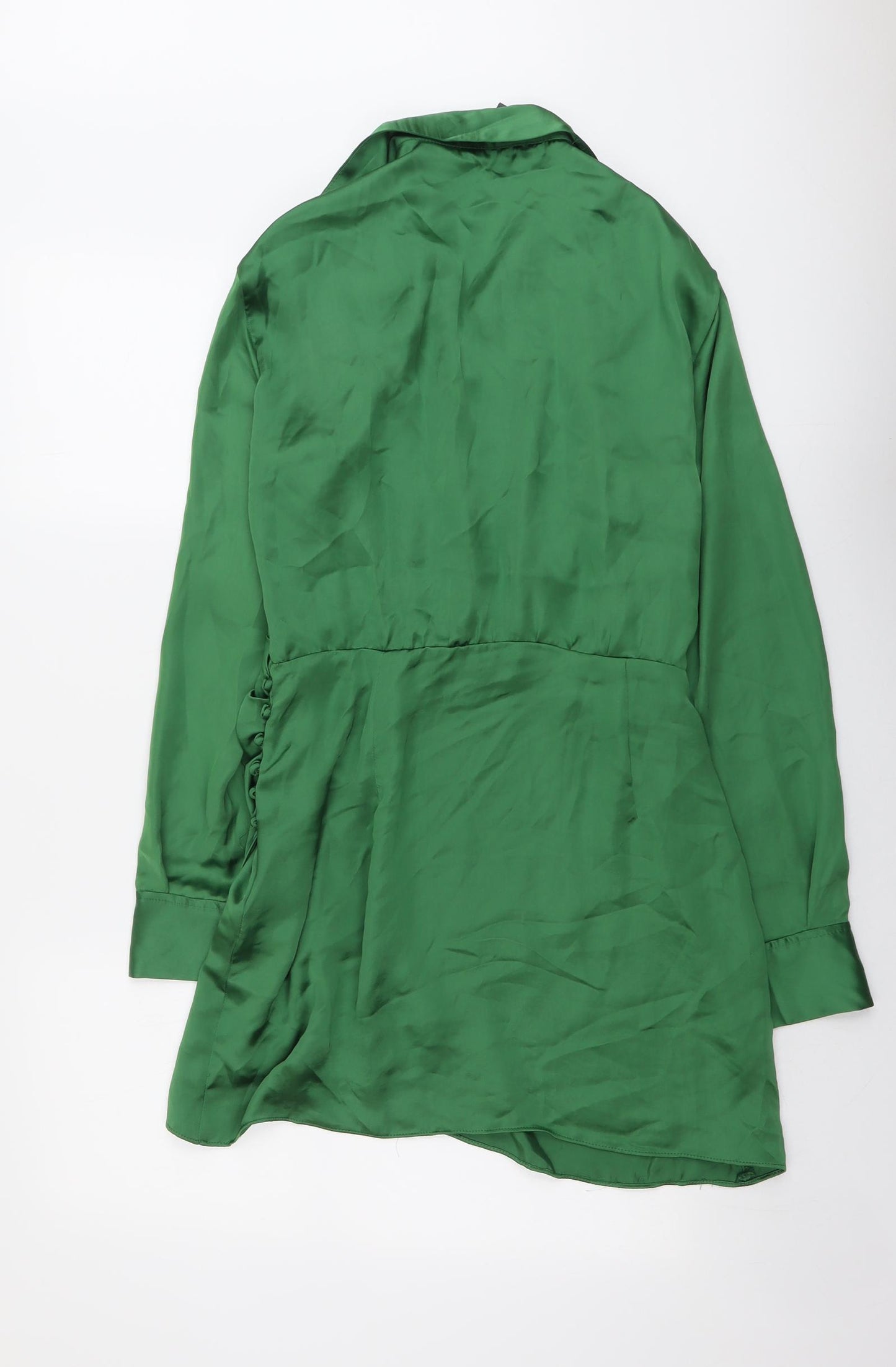 Zara Womens Green Polyester Shirt Dress Size L Collared Zip