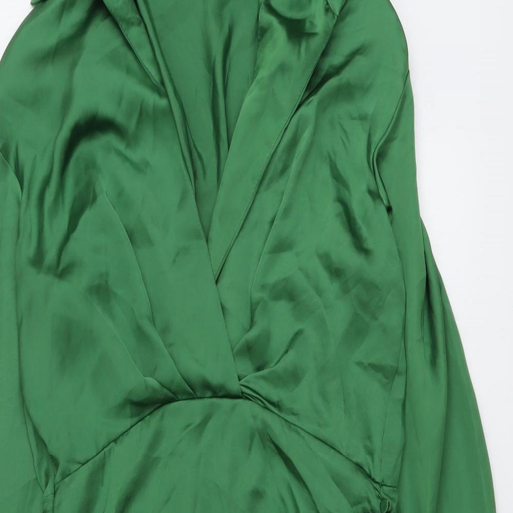 Zara Womens Green Polyester Shirt Dress Size L Collared Zip