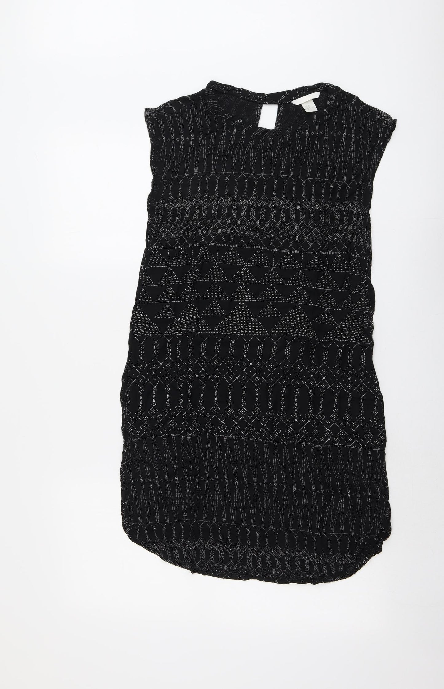 H&M Womens Black Geometric Viscose Shift Size 8 Round Neck Button