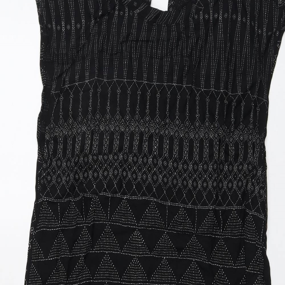 H&M Womens Black Geometric Viscose Shift Size 8 Round Neck Button