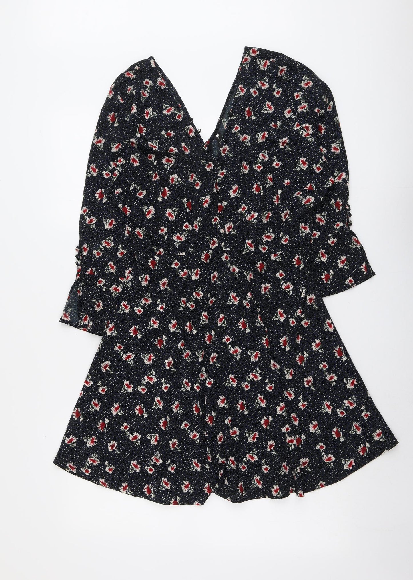 Influence Womens Black Floral Polyester Skater Dress Size 12 V-Neck Zip