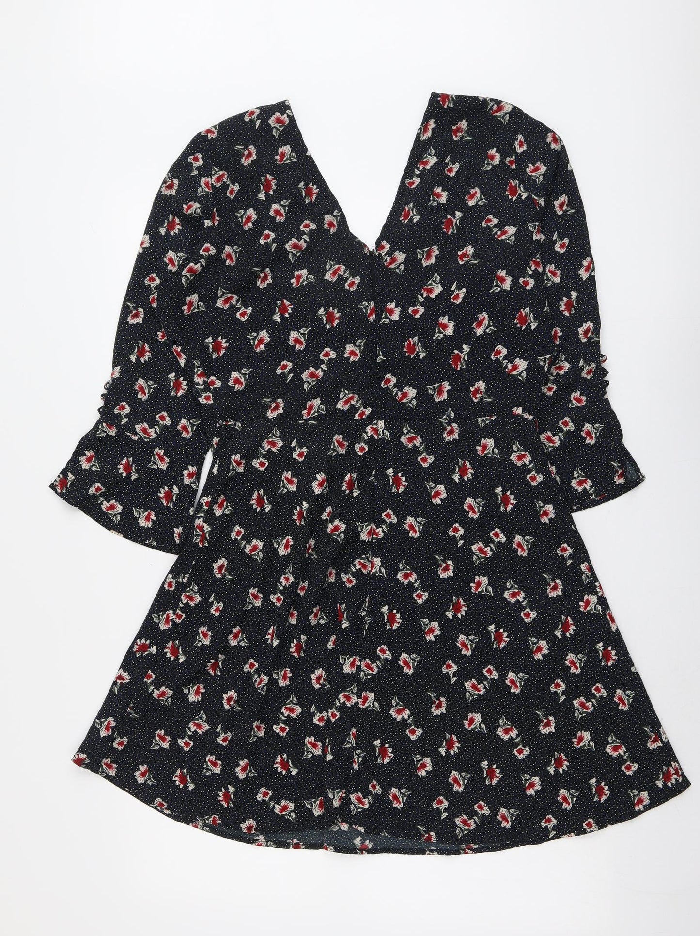 Influence Womens Black Floral Polyester Skater Dress Size 12 V-Neck Zip