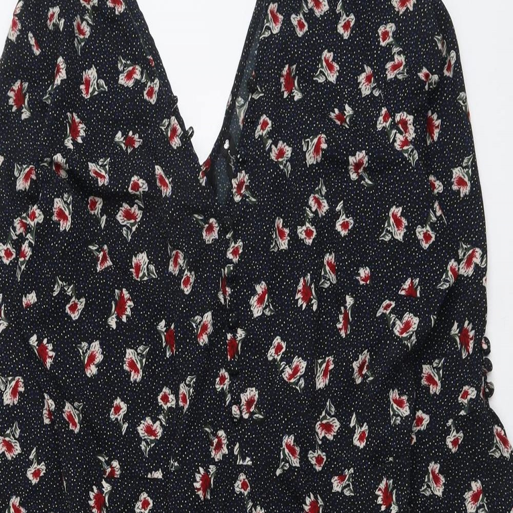 Influence Womens Black Floral Polyester Skater Dress Size 12 V-Neck Zip