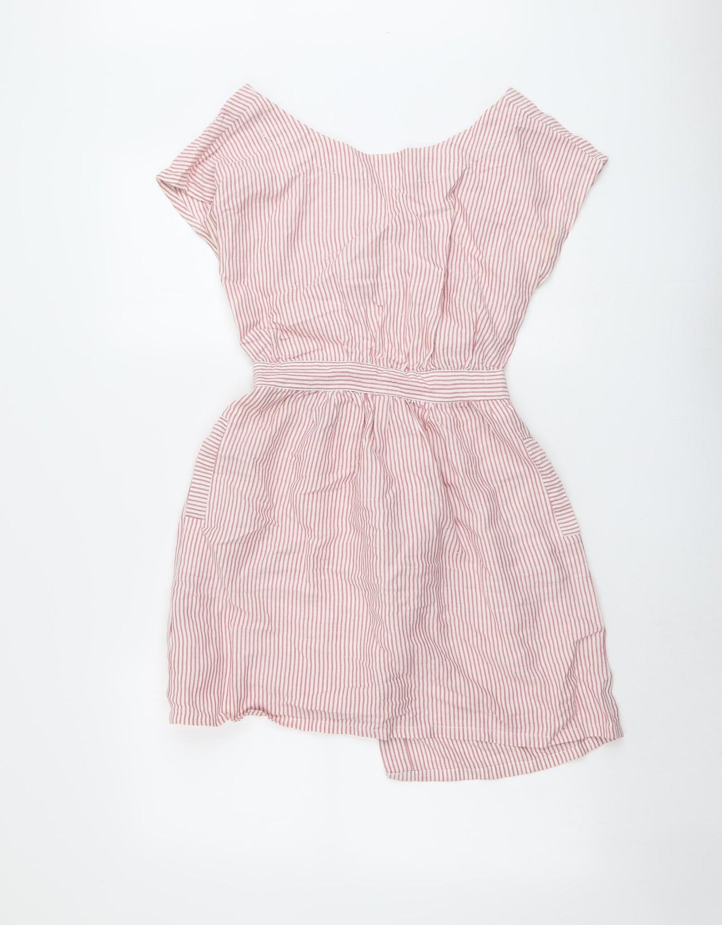 Mango Womens Pink Striped Ramie Mini Size S Round Neck Button