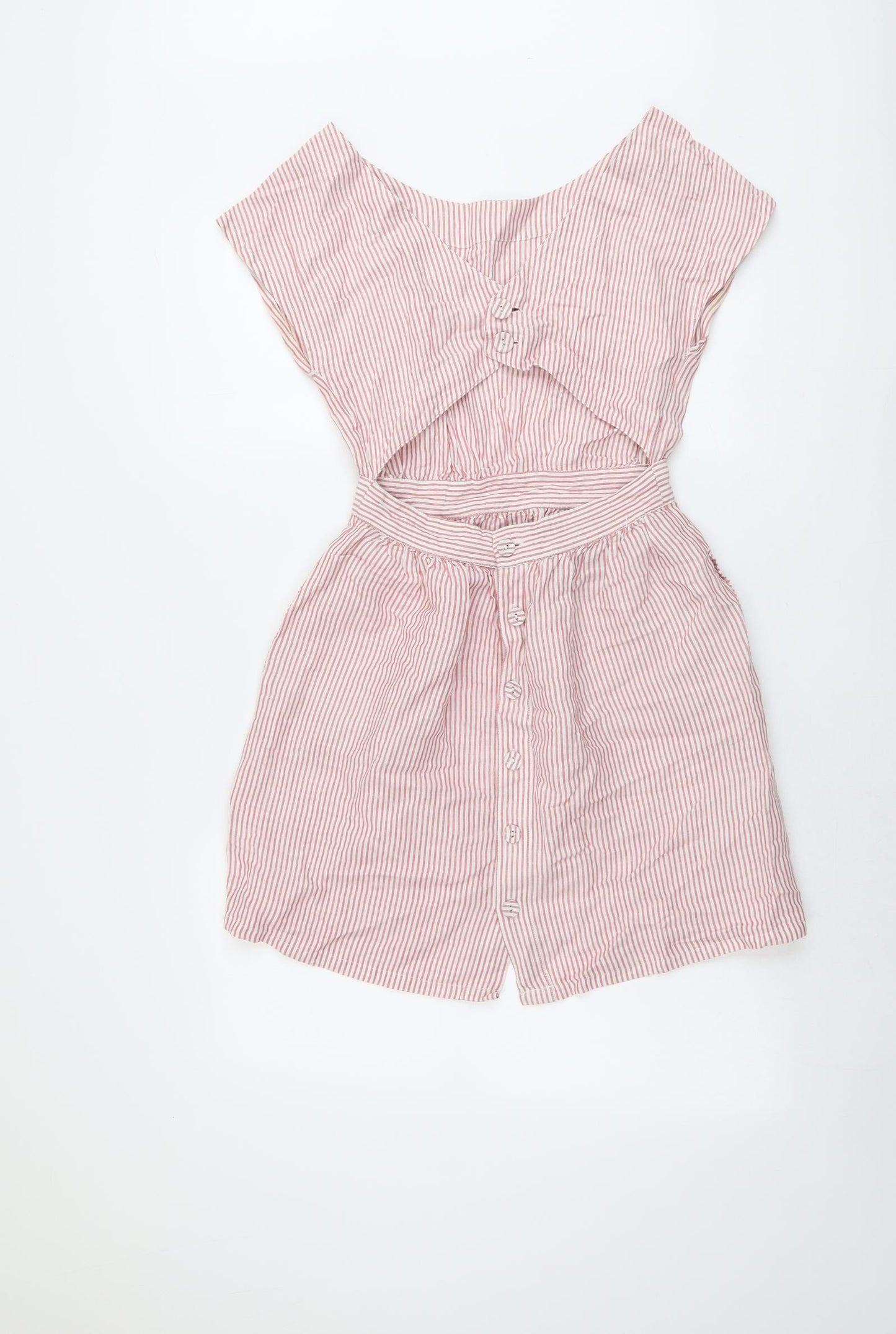 Mango Womens Pink Striped Ramie Mini Size S Round Neck Button