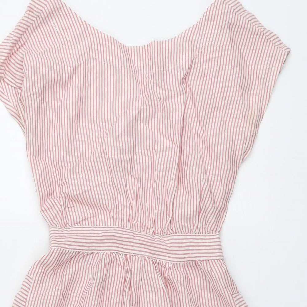 Mango Womens Pink Striped Ramie Mini Size S Round Neck Button