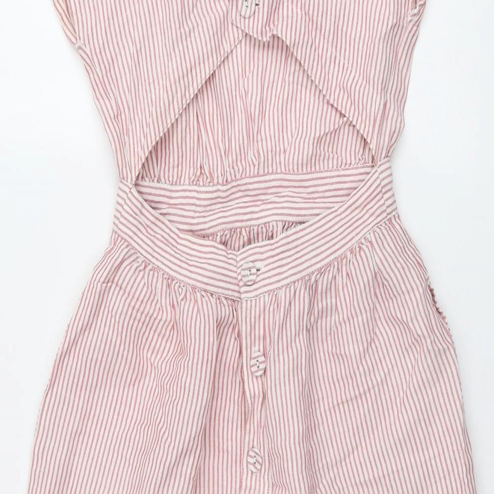 Mango Womens Pink Striped Ramie Mini Size S Round Neck Button