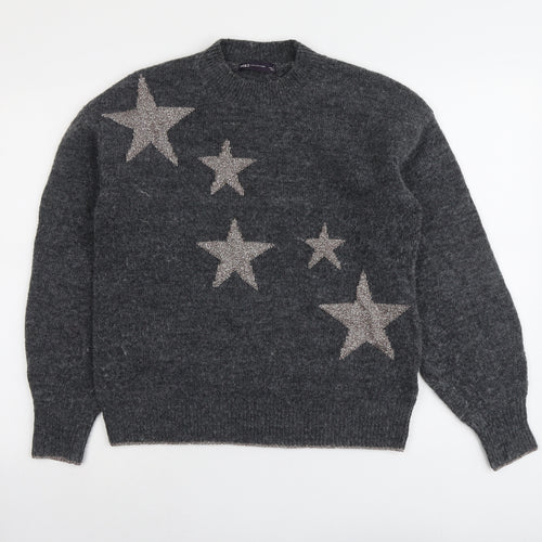Marks and Spencer Womens Grey Round Neck Geometric Polyester Pullover Jumper Size S - Star Pattern