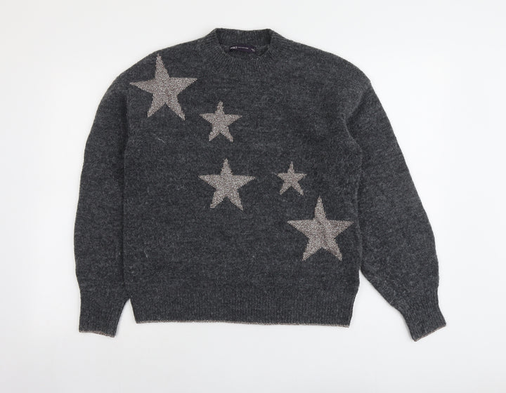 Marks and Spencer Womens Grey Round Neck Geometric Polyester Pullover Jumper Size S - Star Pattern