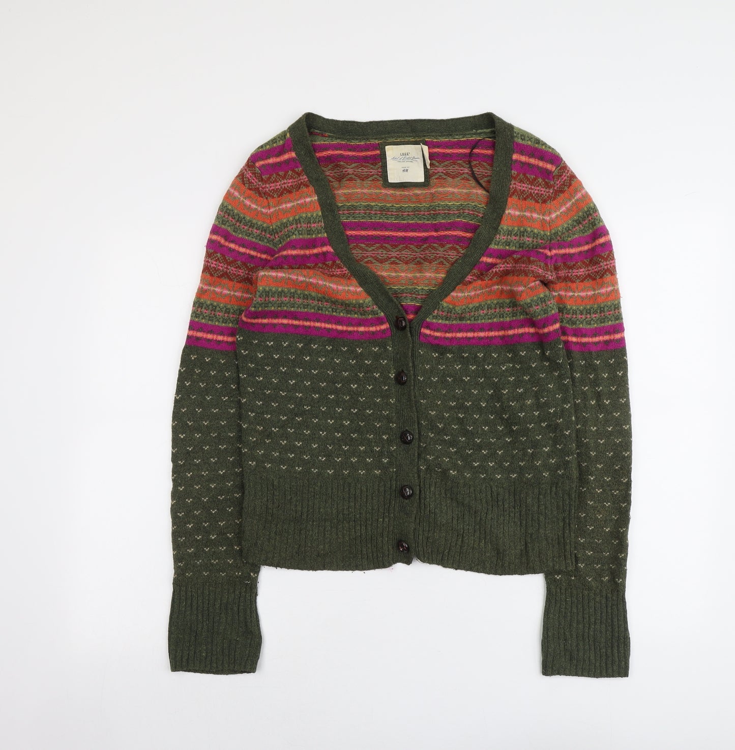 H&M Womens Green V-Neck Geometric Cotton Cardigan Jumper Size M