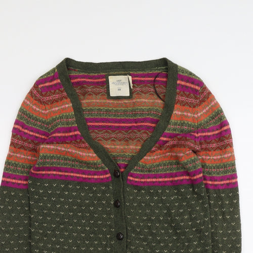 H&M Womens Green V-Neck Geometric Cotton Cardigan Jumper Size M