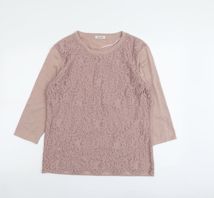 Damart Womens Pink Round Neck Floral Cotton Pullover Jumper Size 14 - Lace Overlay