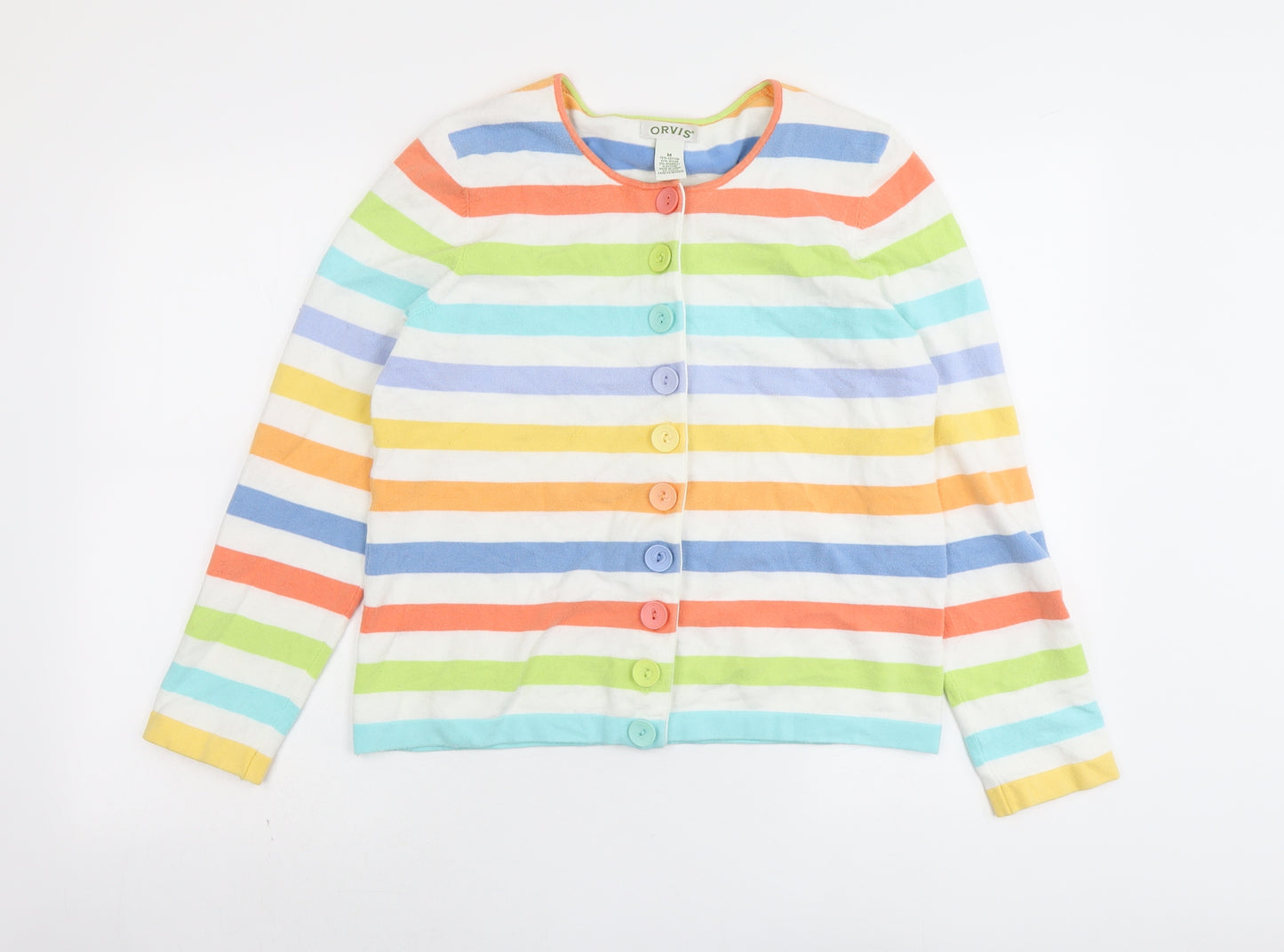 Orvis Womens Multicoloured Round Neck Striped Cotton Cardigan Jumper Size M
