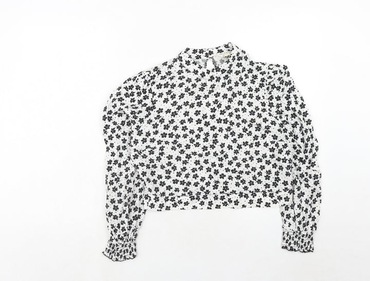 Miss Selfridge Womens White Floral Viscose Cropped Blouse Size 16 Round Neck