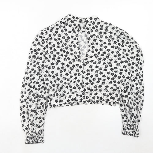 Miss Selfridge Womens White Floral Viscose Cropped Blouse Size 16 Round Neck