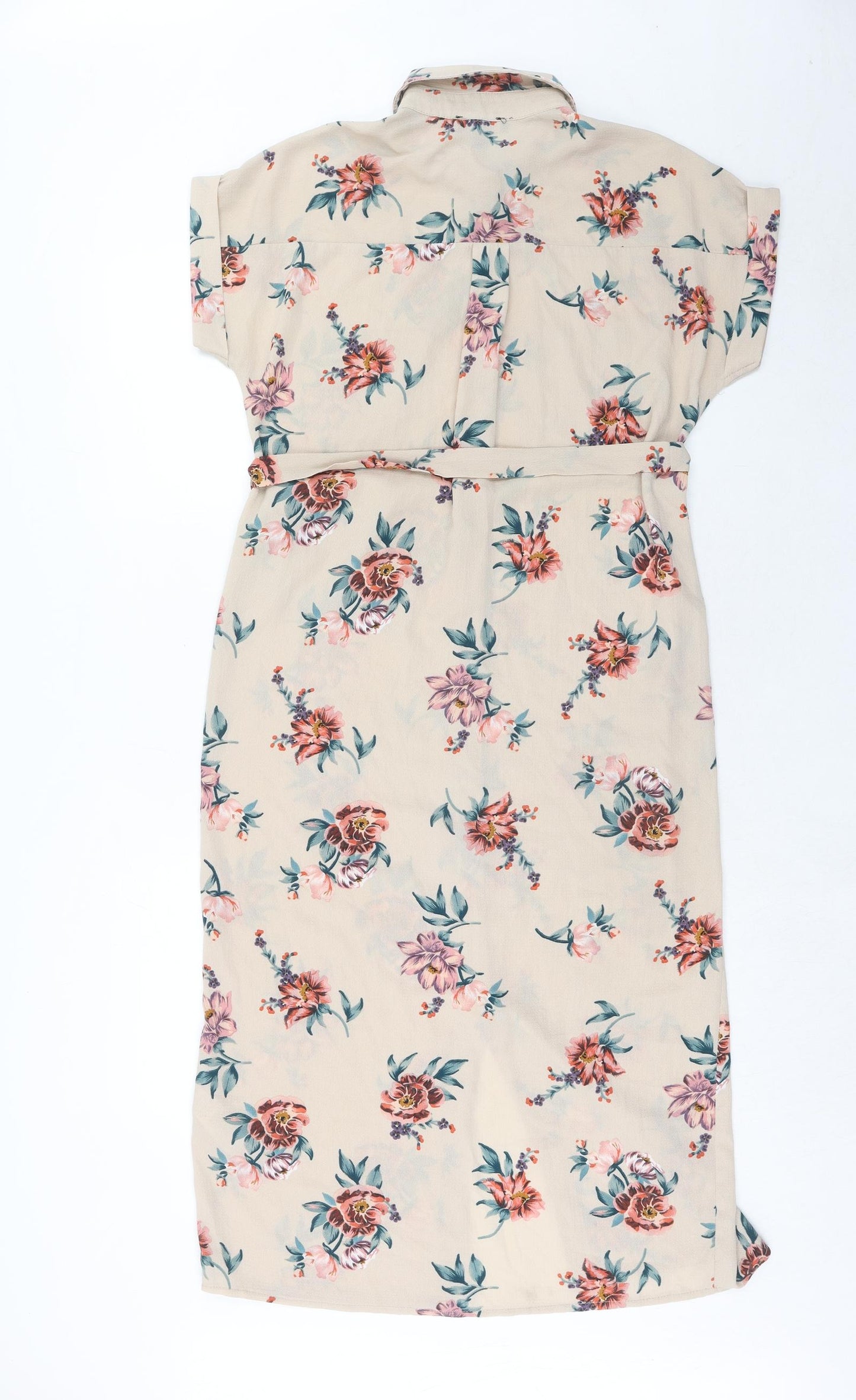 New Look Womens Beige Floral Polyester Shirt Dress Size 8 Collared Button