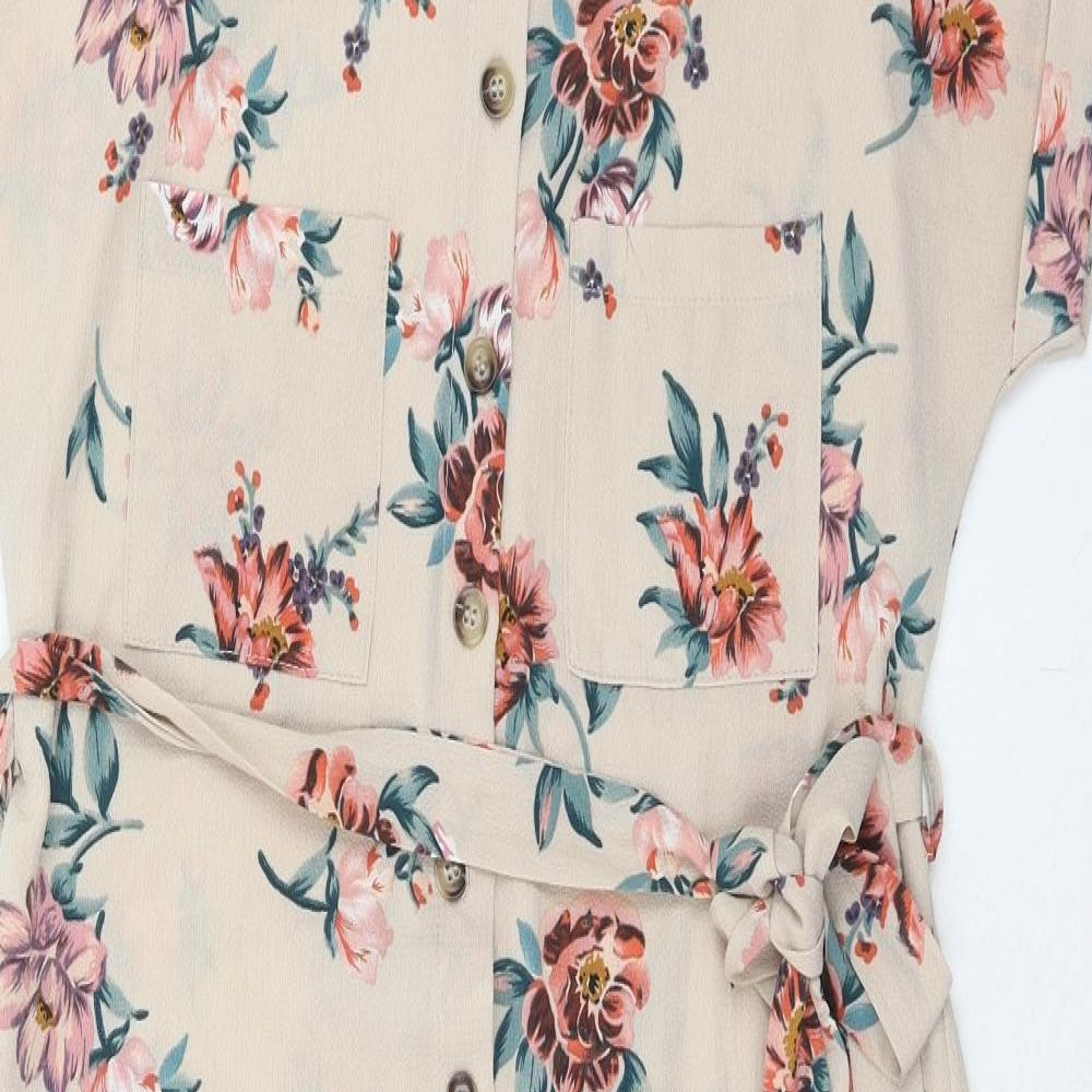 New Look Womens Beige Floral Polyester Shirt Dress Size 8 Collared Button