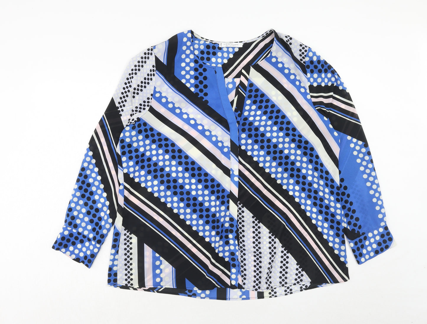 Mango Womens Blue Geometric Polyester Basic Blouse Size XL V-Neck