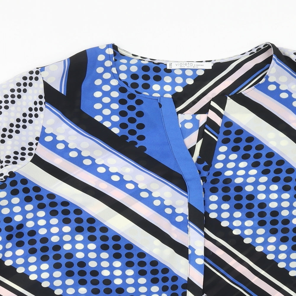 Mango Womens Blue Geometric Polyester Basic Blouse Size XL V-Neck