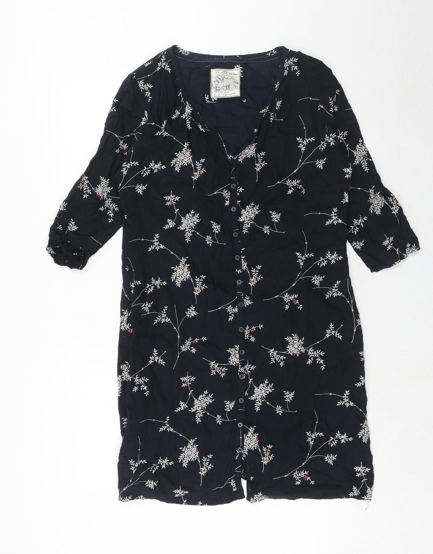 Fat Face Womens Blue Floral Viscose A-Line Size 14 V-Neck Button