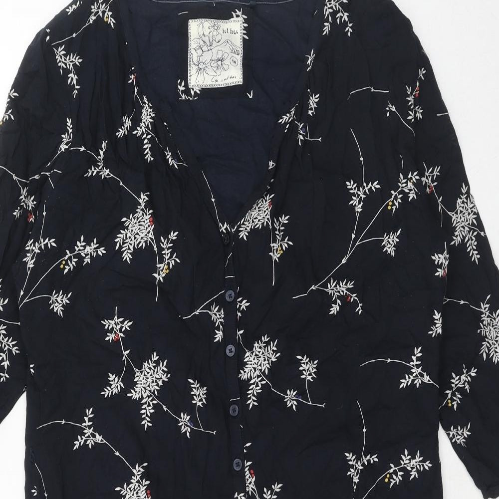 Fat Face Womens Blue Floral Viscose A-Line Size 14 V-Neck Button