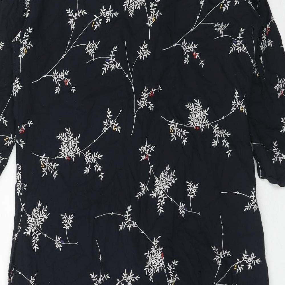 Fat Face Womens Blue Floral Viscose A-Line Size 14 V-Neck Button