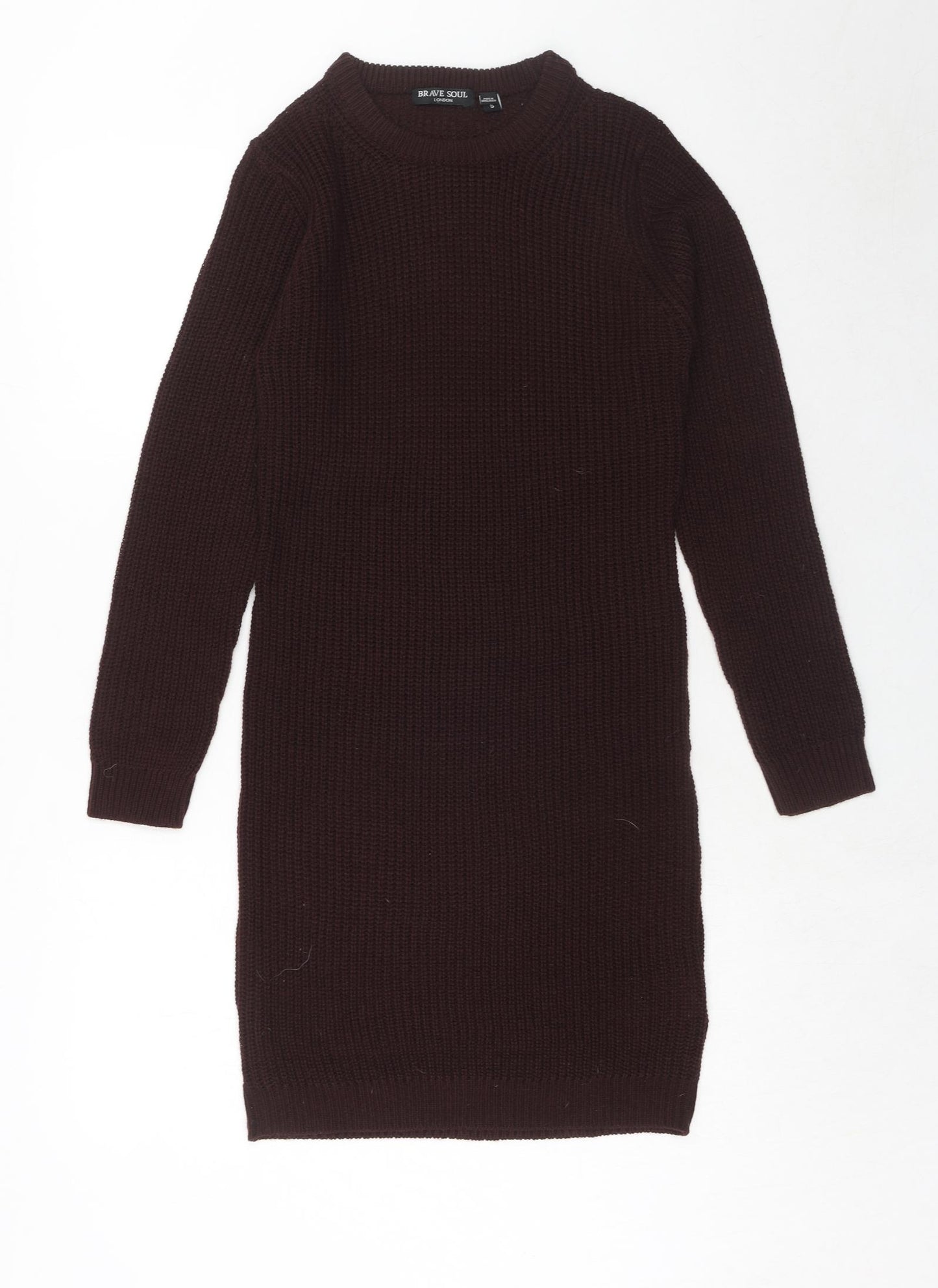 Brave Soul Womens Brown Acrylic Jumper Dress Size S Round Neck Pullover