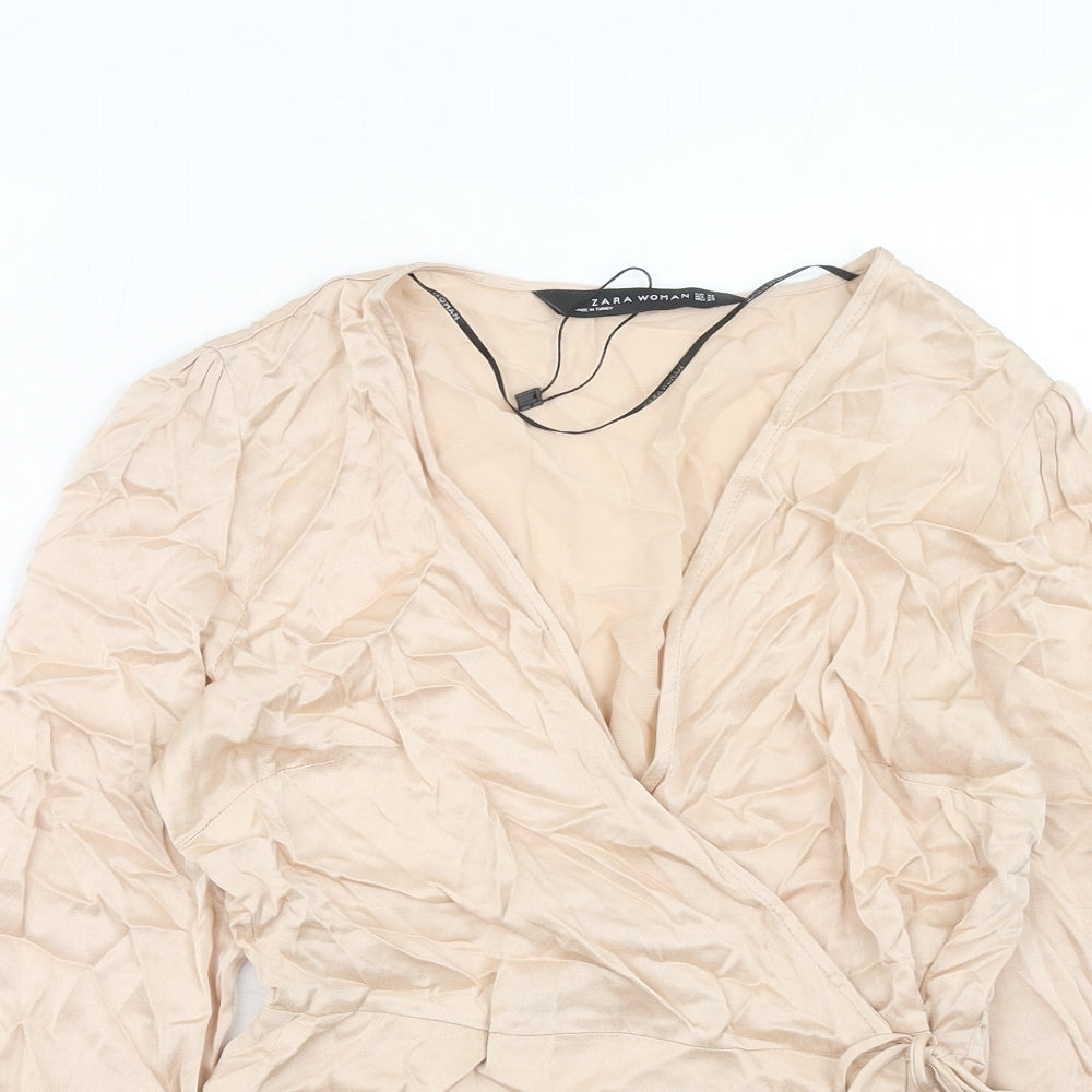 Zara Womens Beige Viscose Wrap Blouse Size XS V-Neck