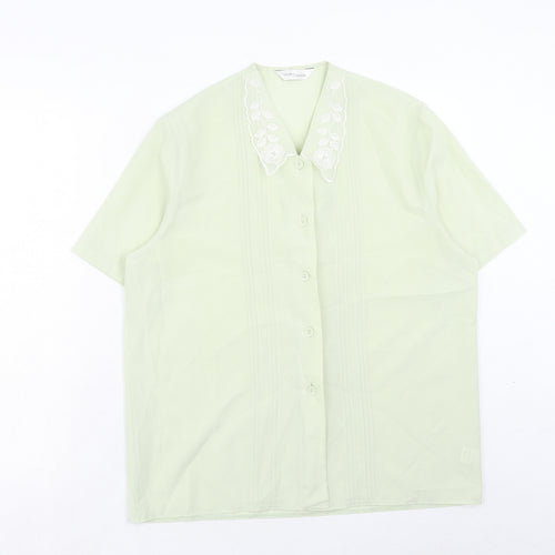 Basic Essentials Womens Green Floral Polyester Basic Button-Up Size 14 Collared