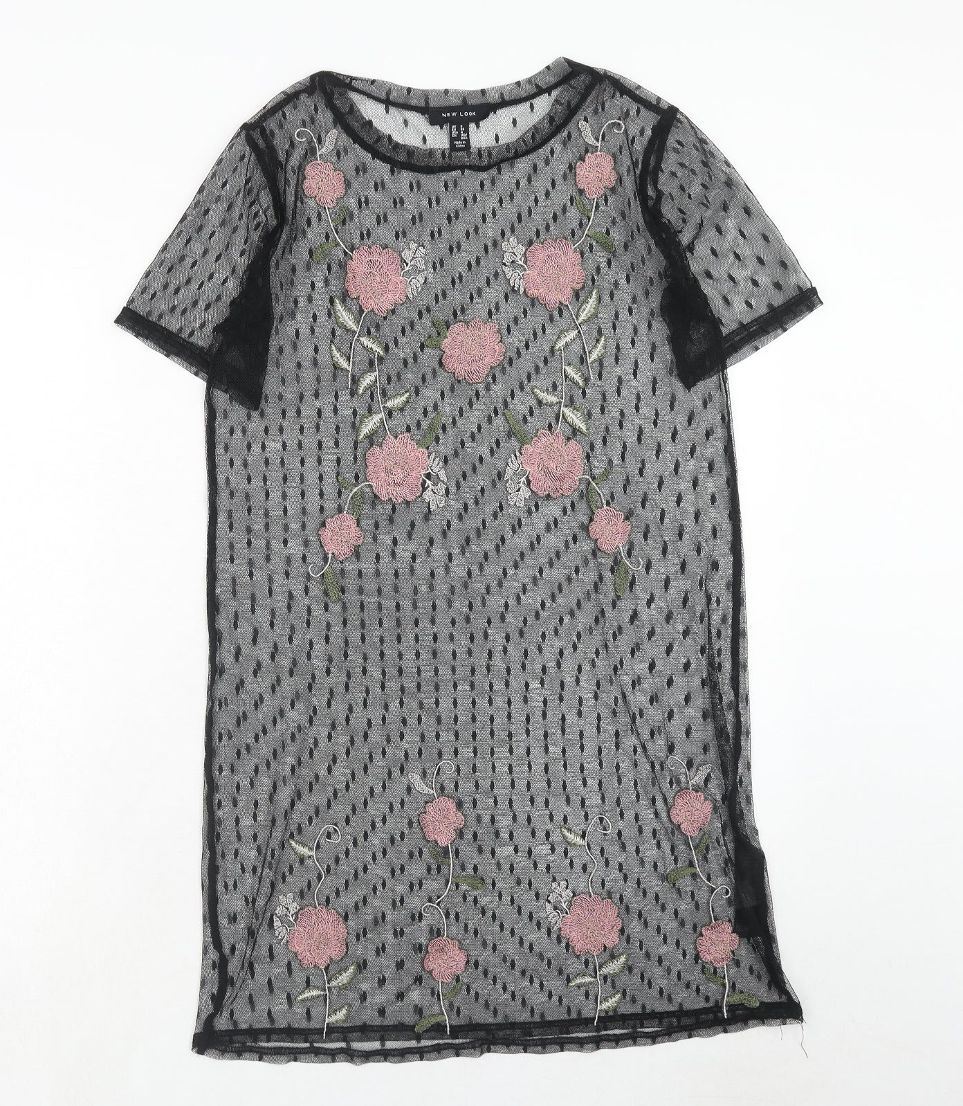 New Look Womens Black Floral Polyester T-Shirt Dress Size 8 Boat Neck Pullover