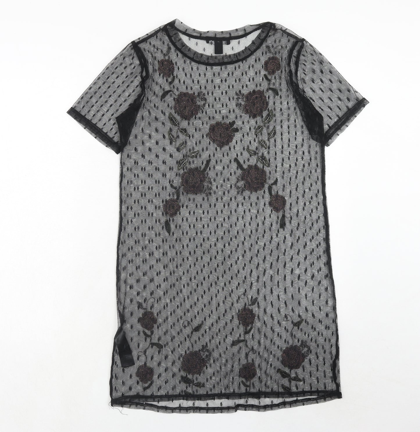 New Look Womens Black Floral Polyester T-Shirt Dress Size 8 Boat Neck Pullover