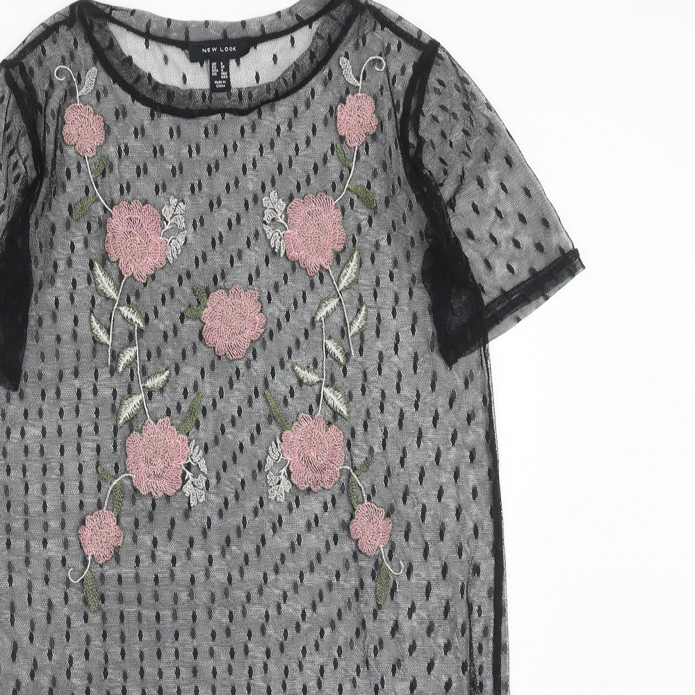New Look Womens Black Floral Polyester T-Shirt Dress Size 8 Boat Neck Pullover