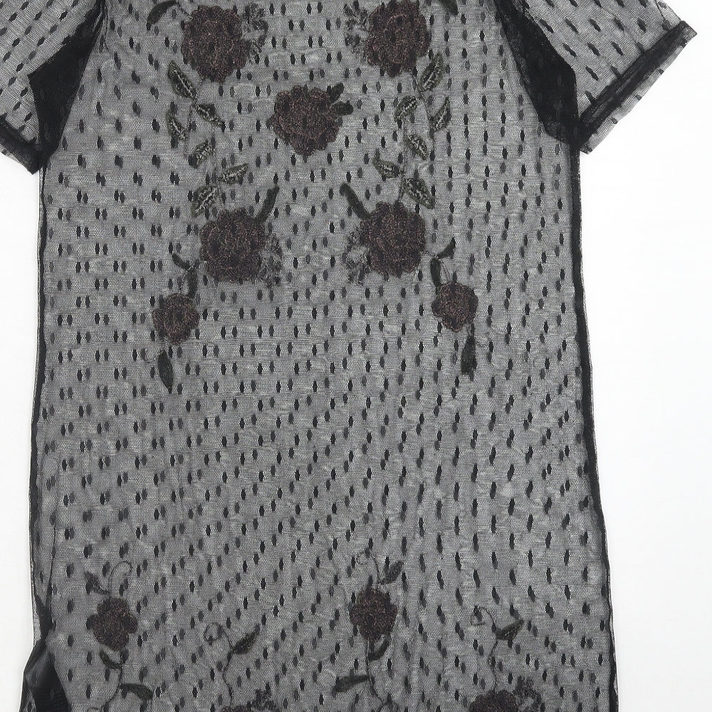 New Look Womens Black Floral Polyester T-Shirt Dress Size 8 Boat Neck Pullover
