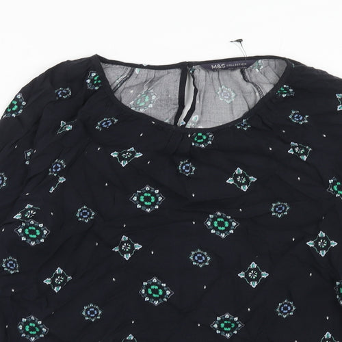 Marks and Spencer Womens Blue Geometric Viscose Basic Blouse Size 6 Round Neck