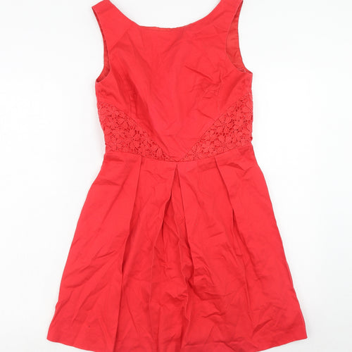 Oasis Womens Red Cotton Fit & Flare Size 10 Boat Neck Zip - Crocheted Lace Detail