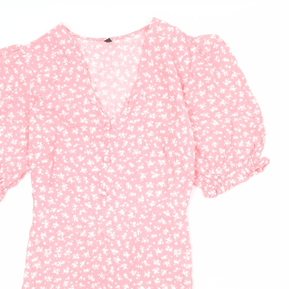 Nobody's Child Womens Pink Floral Viscose Skater Dress Size 14 V-Neck Tie