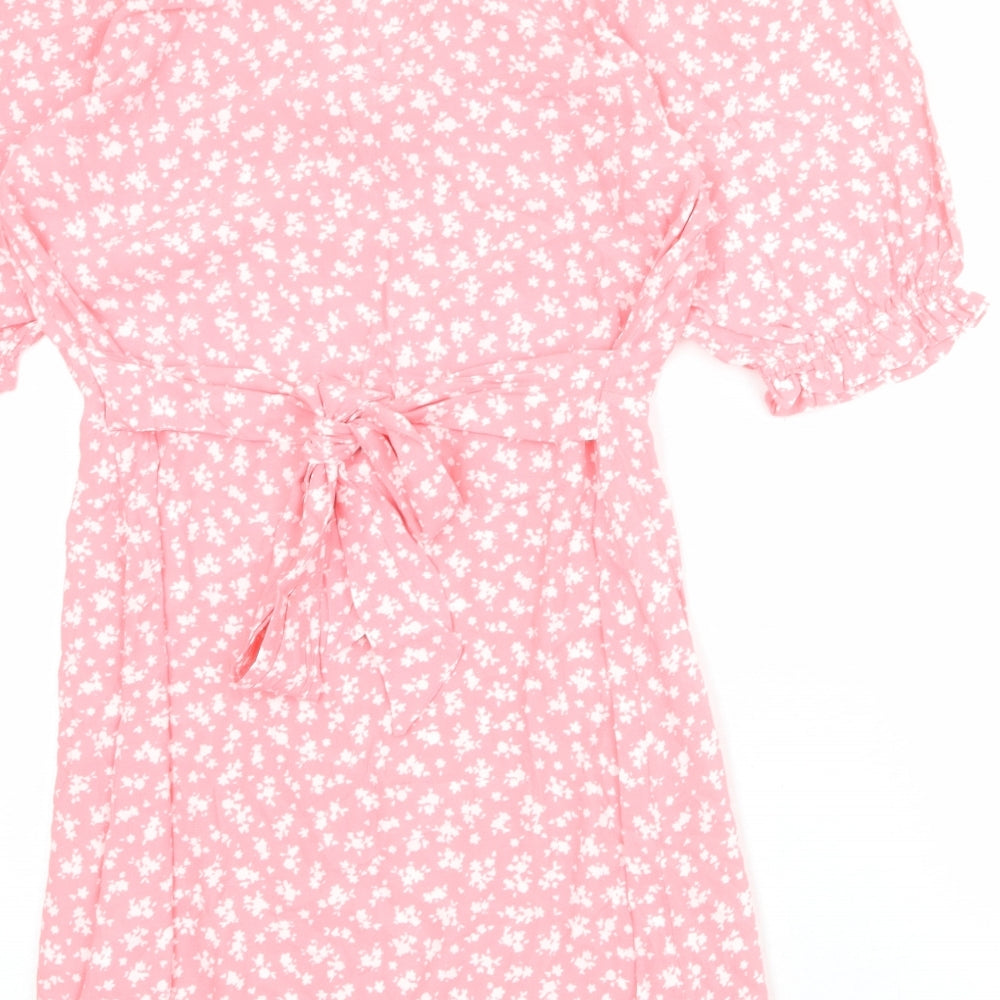 Nobody's Child Womens Pink Floral Viscose Skater Dress Size 14 V-Neck Tie