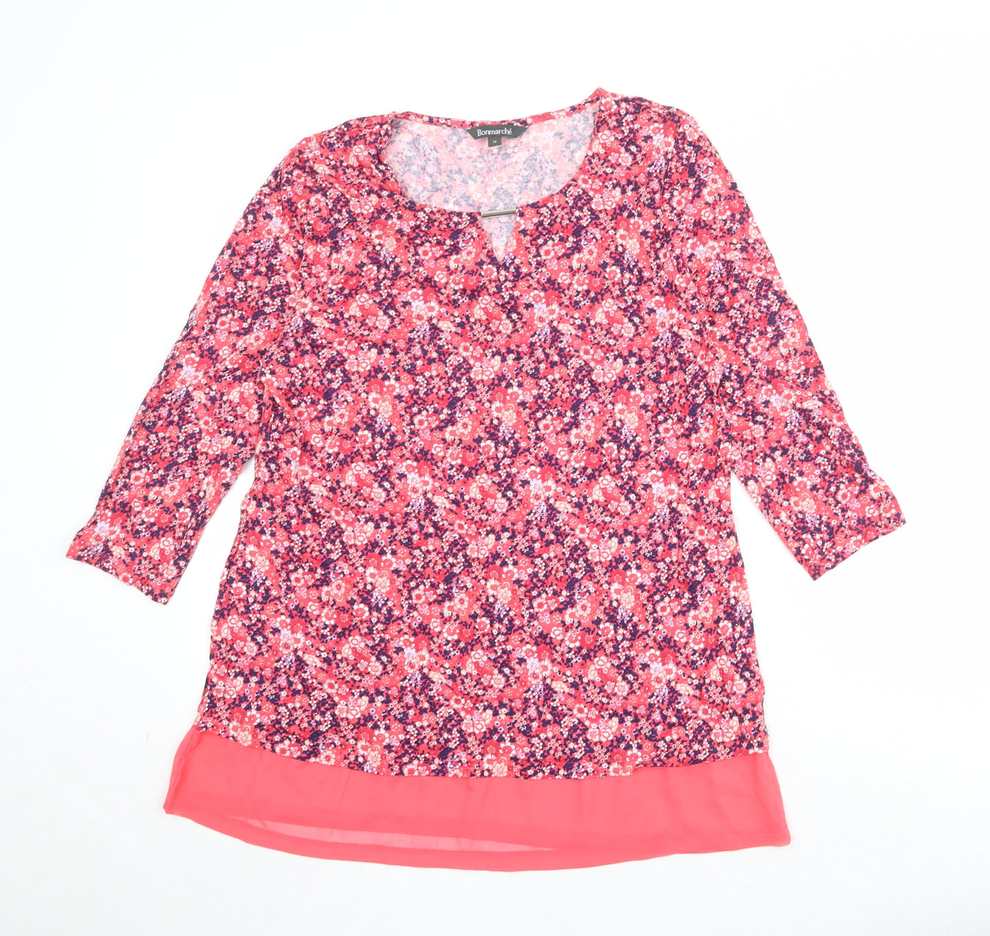 Bonmarché Womens Pink Floral Viscose Basic T-Shirt Size 16 Round Neck