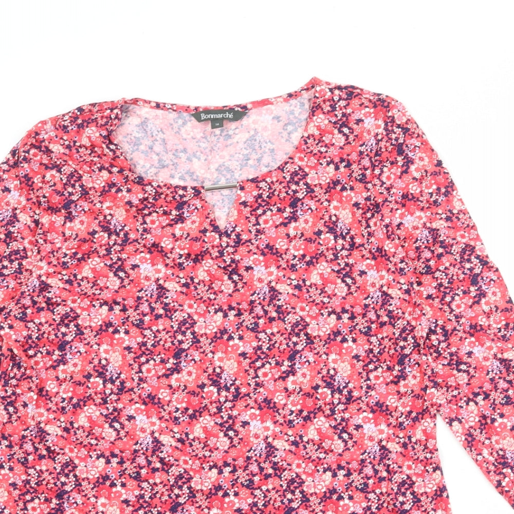 Bonmarché Womens Pink Floral Viscose Basic T-Shirt Size 16 Round Neck